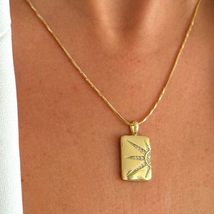 Gold Sun Rectangle Pendant Necklace With Zircon Stones | Hypoallergenic Jewelry